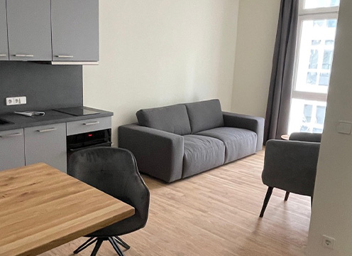 Objekteinrichtung moebliertes Apartment: Wohnbereich mit Sofa und Sessel