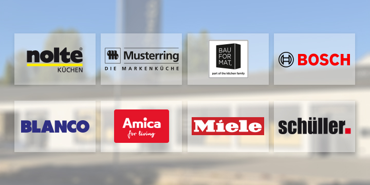 Logos der Franchise Partner: Nolte Kuechen, Musterring, Bauformat, Bosch, Blanco, Amica, Miele und Schüller